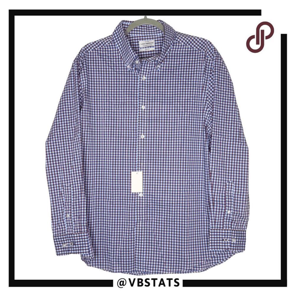 Lucky Brand Men's Gingham Long Sleeve Button Down Shirt Blue White Large NWT‎
